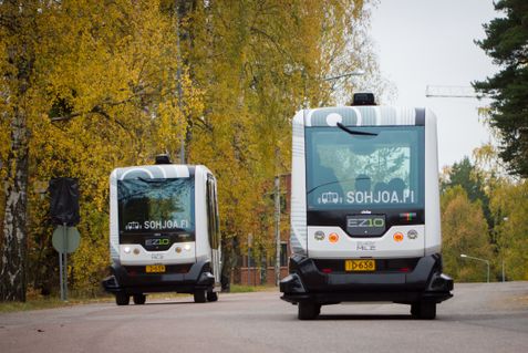 Two EZ-10 robot buses in Otaniemi, Espoo, Finland